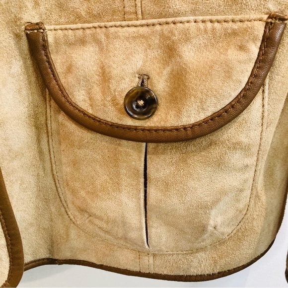 EDDIE BAUER SZ L Seattle Suede Vintage Tan Brown Trim Pockets Back Slits Jacket - Picture 2 of 16